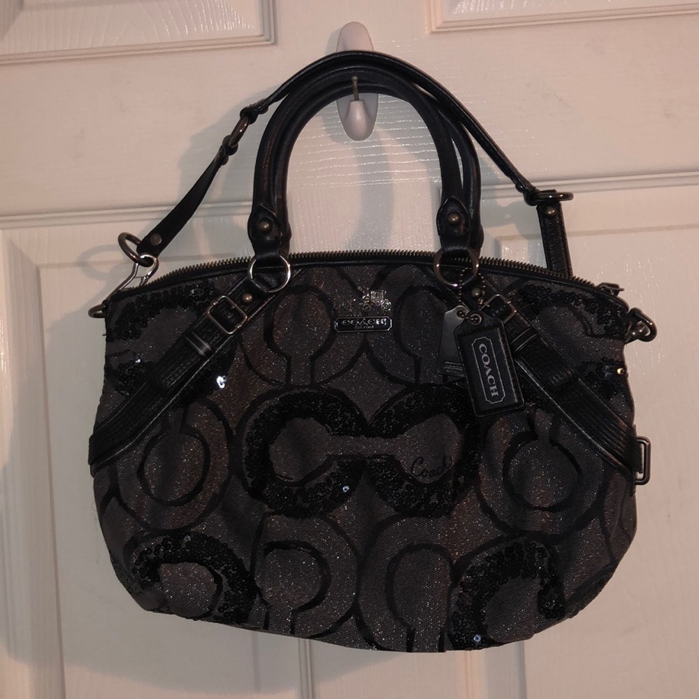 Coach Madison Black Sequin & Leather Handbag EUC